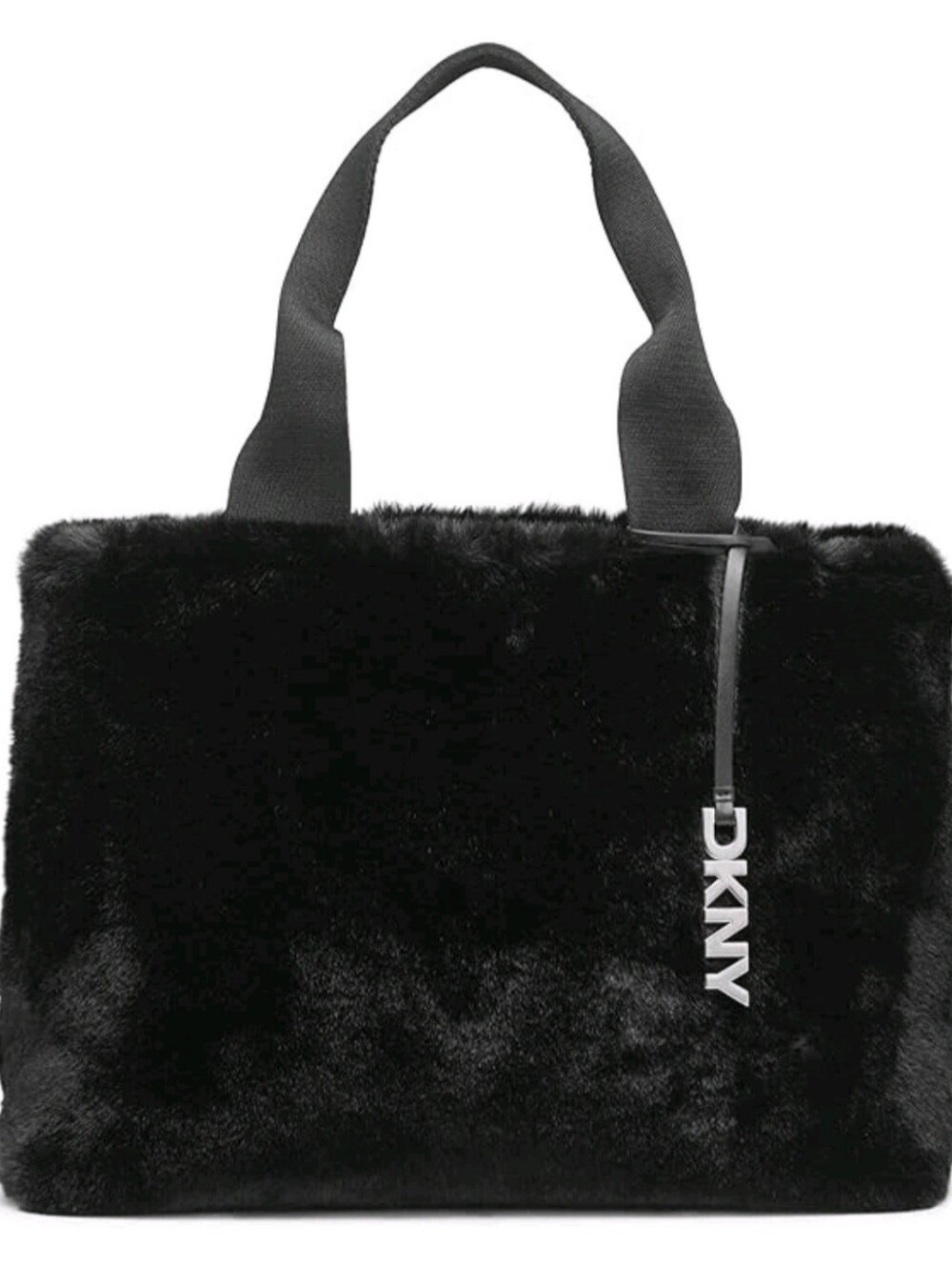 DKNY Roni Fur Satchel with Logo Charm, Black/Silver, Authentic